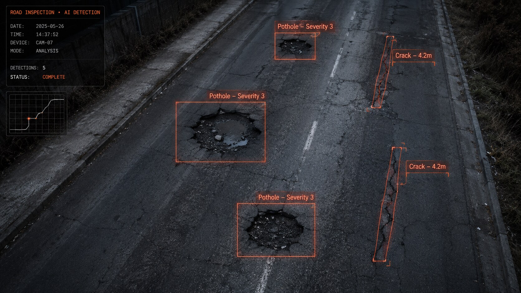 KI-Erkennung von Straßenaufbrüchen und Schlaglöchern mit Detection-Overlays